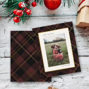 Budget Gold & Dark Red Tartan Christmas Photo Card