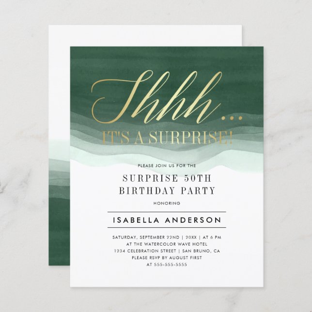 Budget Gold & Emerald Watercolor Surprise Birthday (Front/Back)