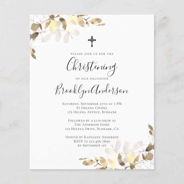 Budget Gold Eucalyptus Christening Invitation (Front)