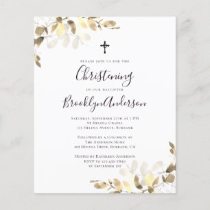 Budget Gold Eucalyptus Christening Invitation