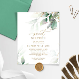 Budget Gold & Eucalyptus Sweet 16 Birthday Invite