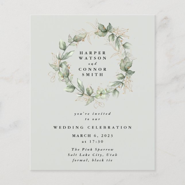 Budget Gold Eucalyptus Wreath Green Glass Wedding Flyer (Front)
