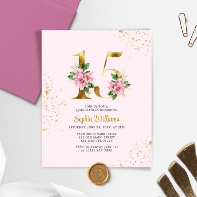 Budget Gold Floral Quinceañera Invitation (Creator Uploaded)