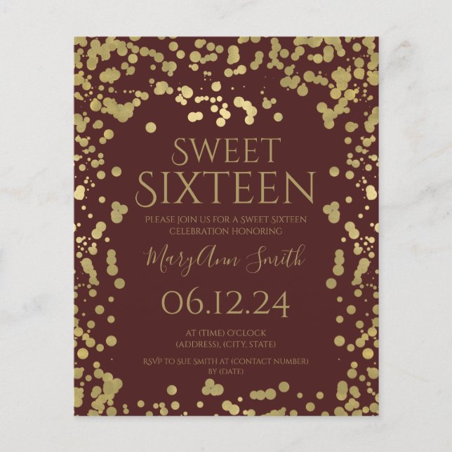 Budget Gold Foil Confetti Sweet 16 Invite Burgundy Flyer (Front)