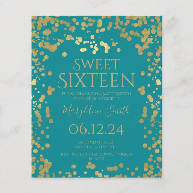 Budget Gold Foil Confetti Sweet 16 Invite Teal Flyer (Front)