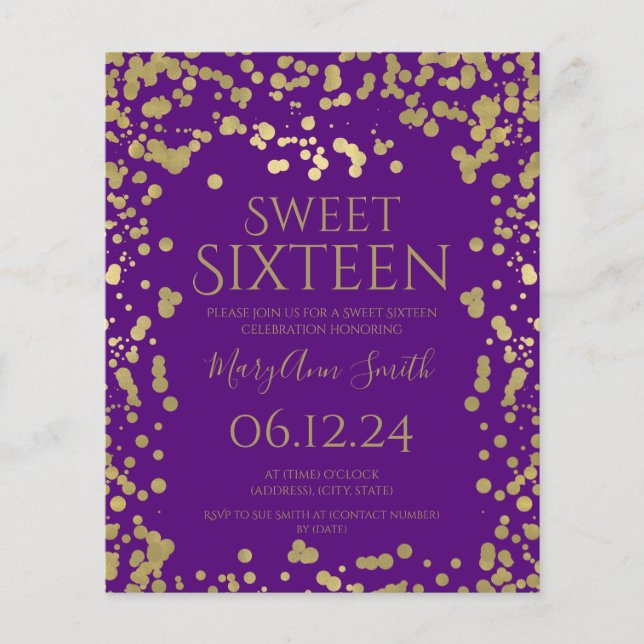 Budget Gold Foil Confetti Sweet 16th Invite Purple Flyer (Front)