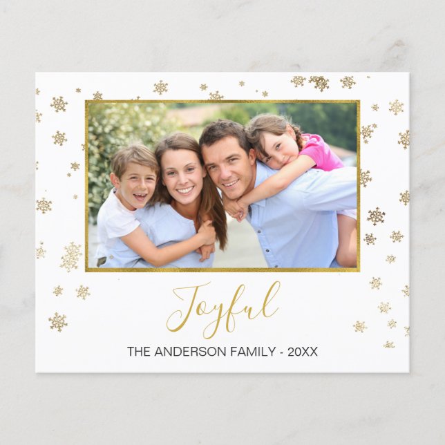 Budget Gold Foil Snowflakes Joyful Photo Card (Front)