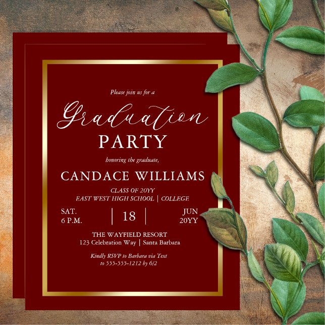 Budget Gold Frame Minimalist Party Invitation Flyer (BUDGET Gold Tone Frame Dark Red Minimalist Graduation Party Invitation Flyer)