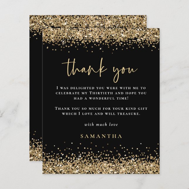 Budget Gold Glitter 30th Birthday Black Thank You (Front/Back)