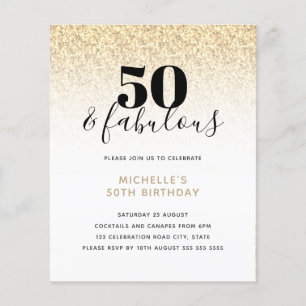 Budget Gold Glitter 50 & Fabulous Birthday Invite