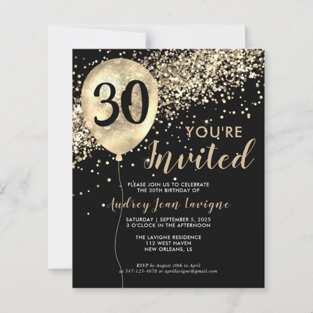 Budget Gold Glitter Balloon Black 30th Birthday (Front)
