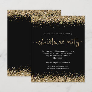 Budget Gold Glitter Black Christmas Party Invite