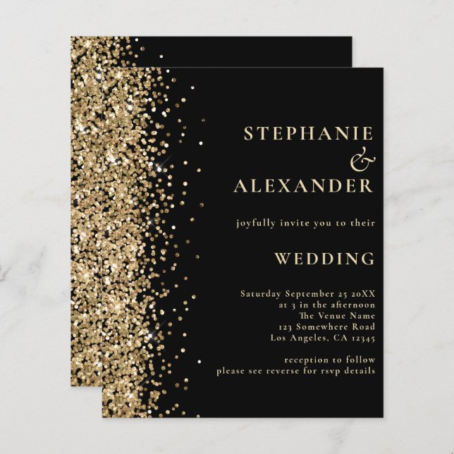 Budget Gold Glitter Black QR Code Wedding Invite (Front/Back)