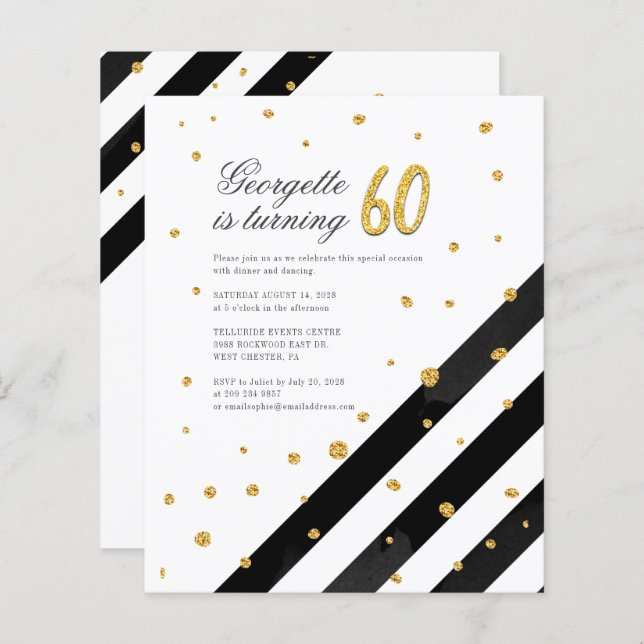 Budget Gold Glitter Black Stripes 60th Birthday (Front/Back)