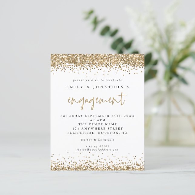 Budget Gold Glitter Border Engagement Invitation (Standing Front)