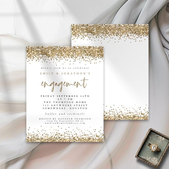 Budget Gold Glitter Borders Engagement Invitation (Front and back view)
