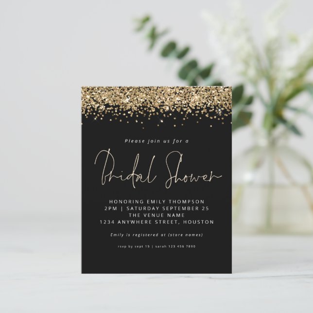 Budget Gold Glitter Bridal Shower Black Invitation (Standing Front)
