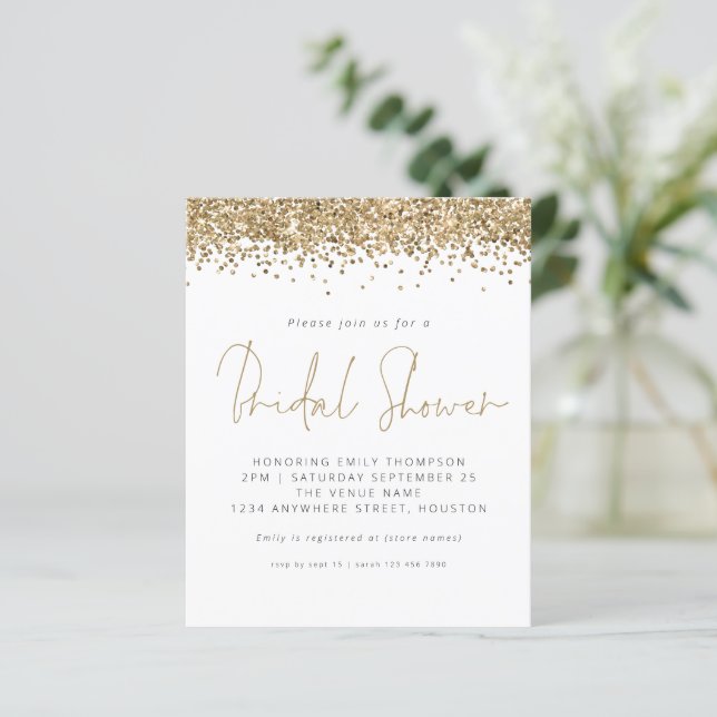 Budget Gold Glitter Bridal Shower Invitation (Standing Front)
