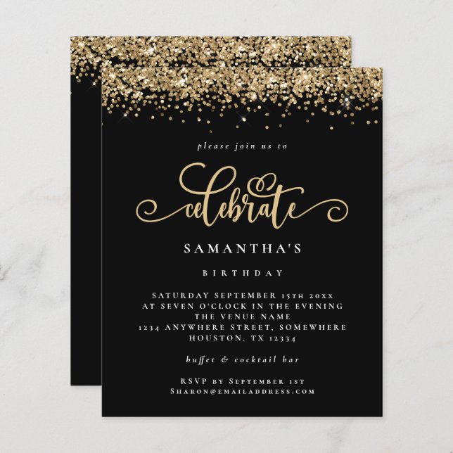Budget Gold Glitter Celebrate Birthday Black (Front/Back)