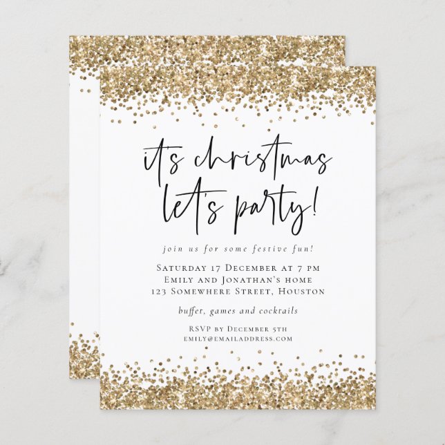 Budget Gold Glitter Christmas Lets Party Invite (Front/Back)