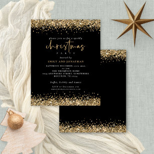 Budget Gold Glitter Christmas Party Black Invite