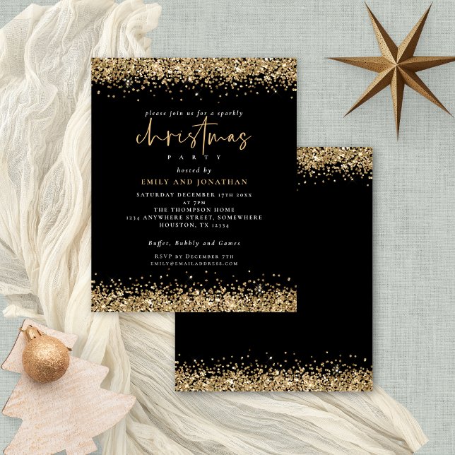 Budget Gold Glitter Christmas Party Black Invite (Budget price smaller 4.5 x 5.6" alternative)