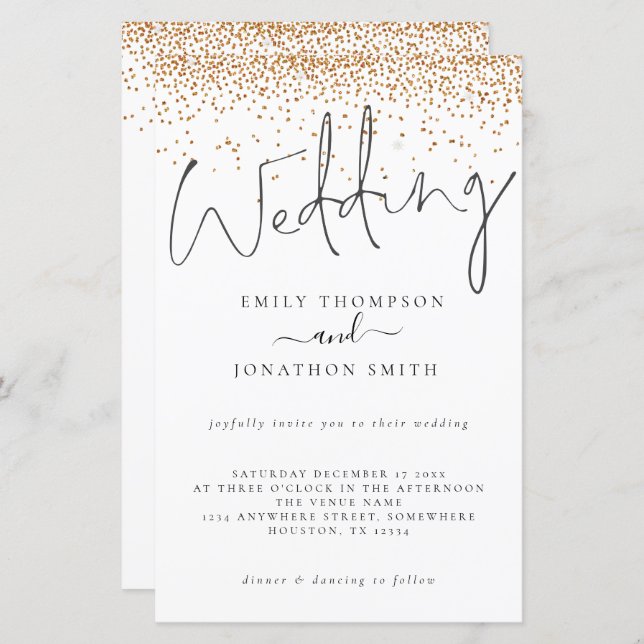 Budget Gold Glitter Confetti Script Wedding Invite (Front/Back)