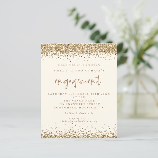 Budget Gold Glitter Cream Engagement Invite (Standing Front)