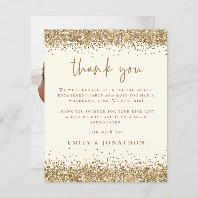 Budget Gold Glitter Cream Photo Engagement Thanks (Front/Back)