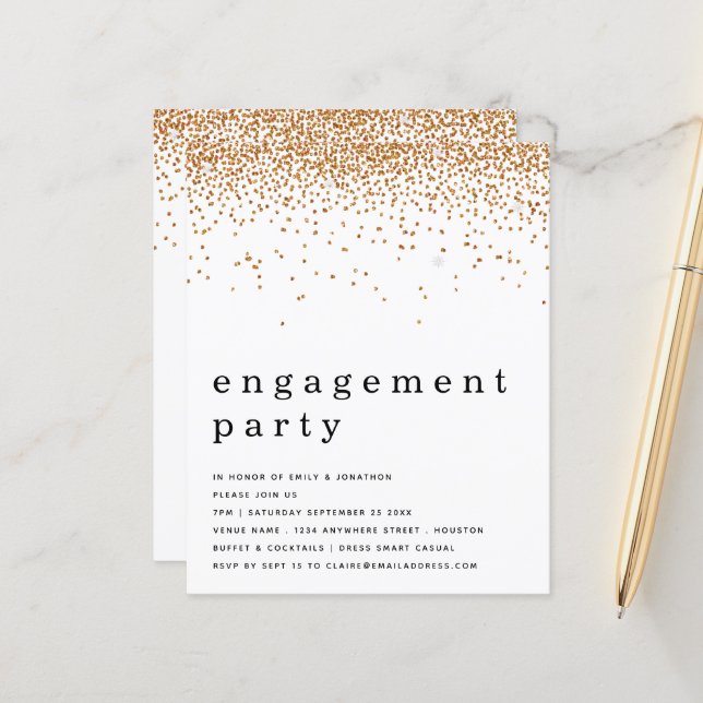Budget Gold Glitter Engagement Party Invite (Front/Back In Situ)
