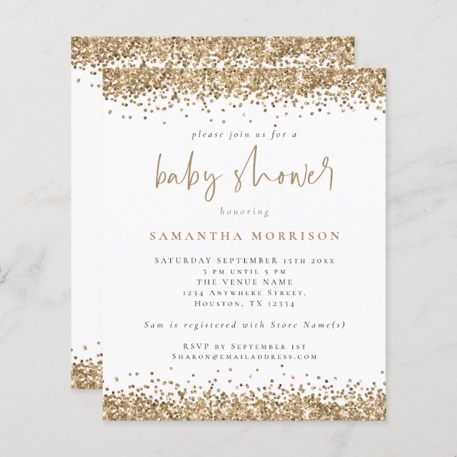 Budget Gold Glitter Girl Boy Baby Shower Invite (Front/Back)
