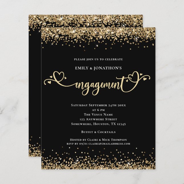 Budget Gold Glitter Heart Script Engagement Black (Front/Back)