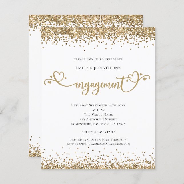 Budget Gold Glitter Heart Script Engagement Invite (Front/Back)