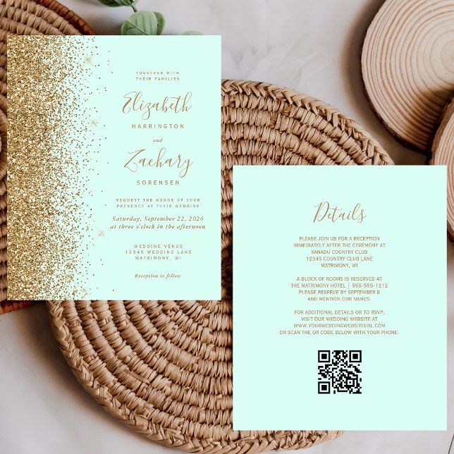 Budget Gold Glitter Mint Green QR Code Wedding (Creator Uploaded)