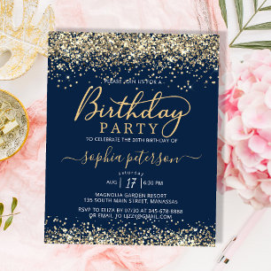 Budget Gold Glitter Navy Blue Birthday Invitation