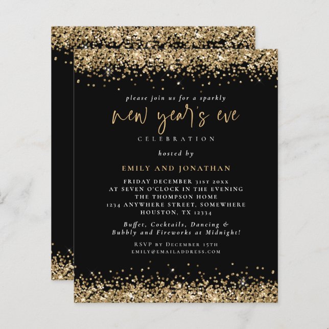 Budget Gold Glitter New Years Eve Black Invite (Front/Back)