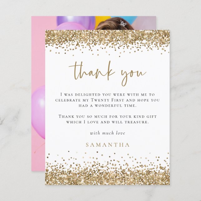 Budget Gold Glitter Photo 21st Party Thank You (Front/Back)