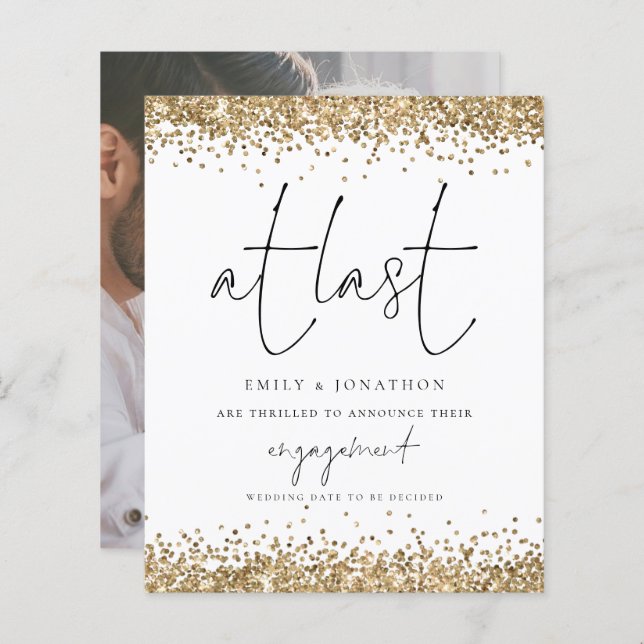 Budget Gold Glitter Photo At Last Engagement  (Front/Back)