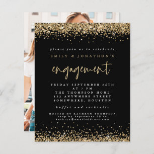 Budget Gold Glitter Photo Engagement Black Invite