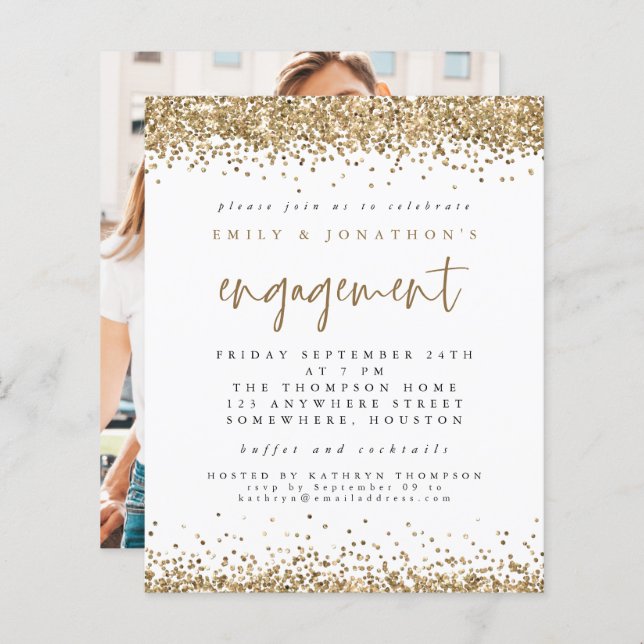 Budget Gold Glitter Photo Engagement Invitation (Front/Back)