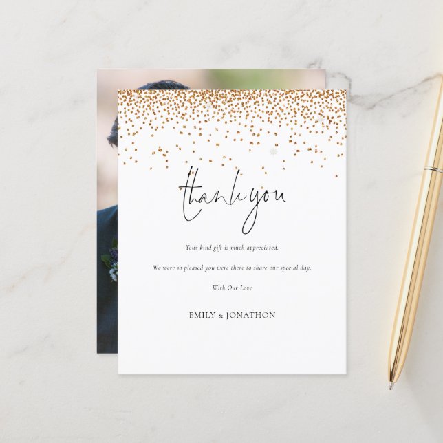 Budget Gold Glitter Photo Wedding Thank You (Front/Back In Situ)