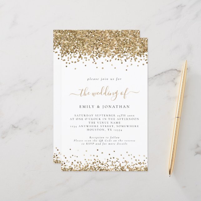 Budget Gold Glitter QR Code Wedding Invite (Front/Back In Situ)