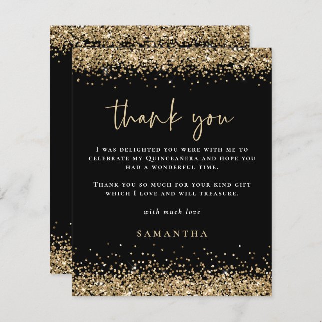 Budget Gold Glitter Quinceañera Party Thanks Black (Front/Back)