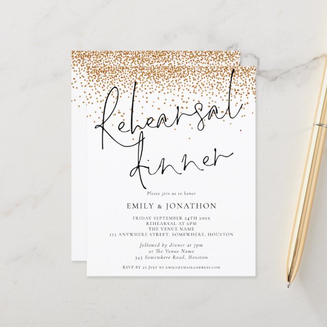 Budget Gold Glitter Rehearsal Dinner Invite (Front/Back In Situ)