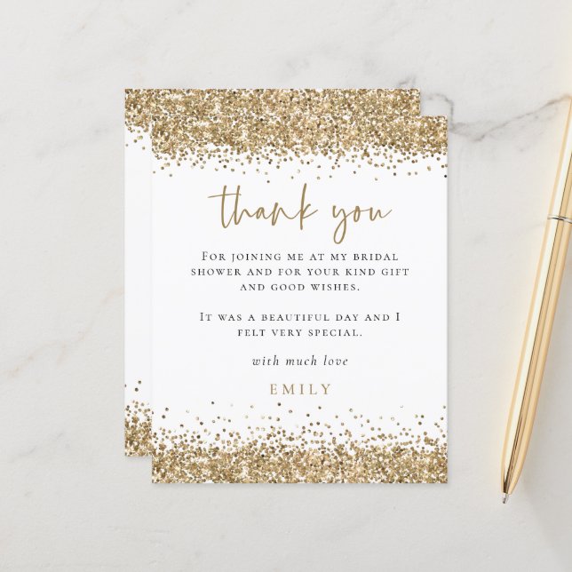 Budget Gold Glitter Script Bridal Shower Thank You (Front/Back In Situ)