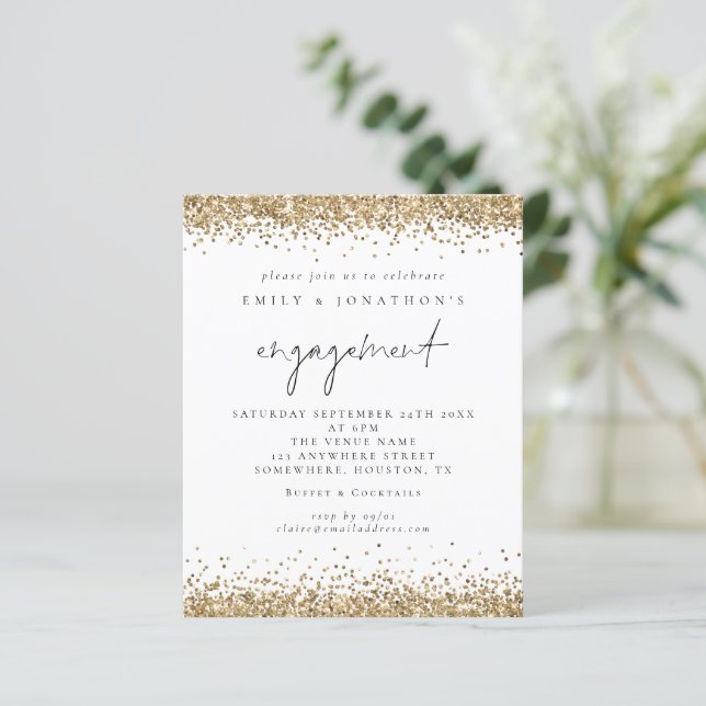 Budget Gold Glitter Script Engagement Invitation (Standing Front)