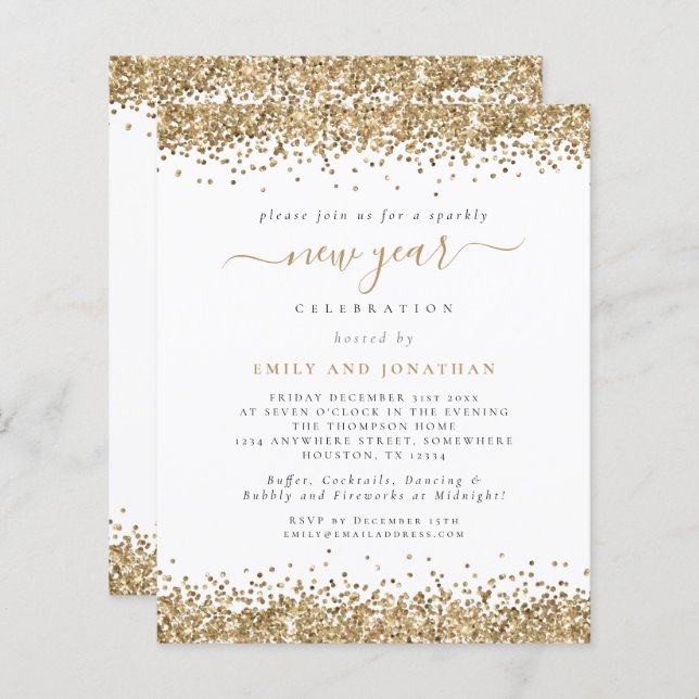 Budget Gold Glitter Script New Years Eve Party (Front/Back)