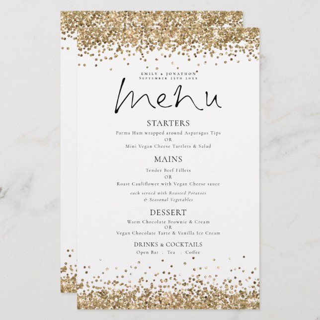 Budget Gold Glitter Script Wedding Menu (Front/Back)