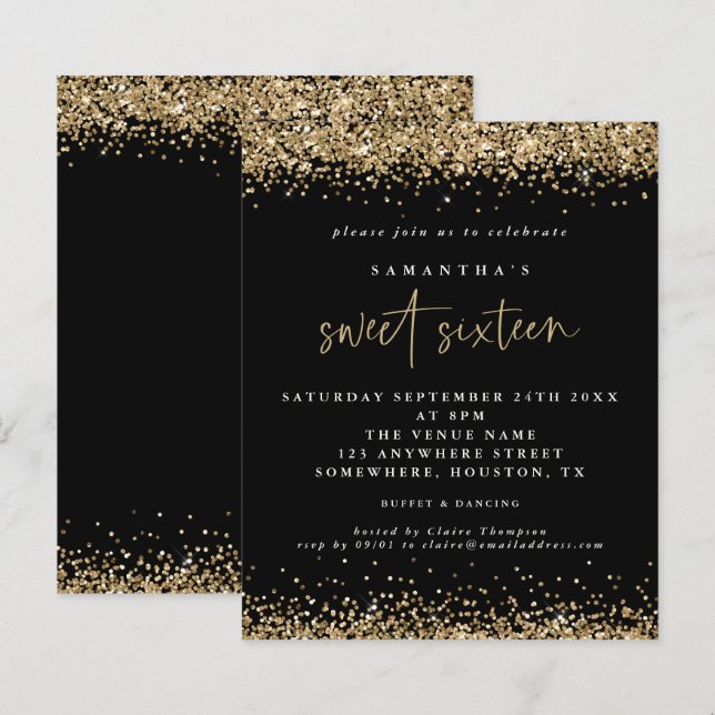 Budget Gold Glitter Sweet Sixteen Black Birthday (Front/Back)