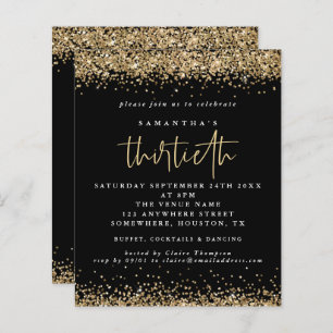 Budget Gold Glitter Thirtieth Party Black Invite